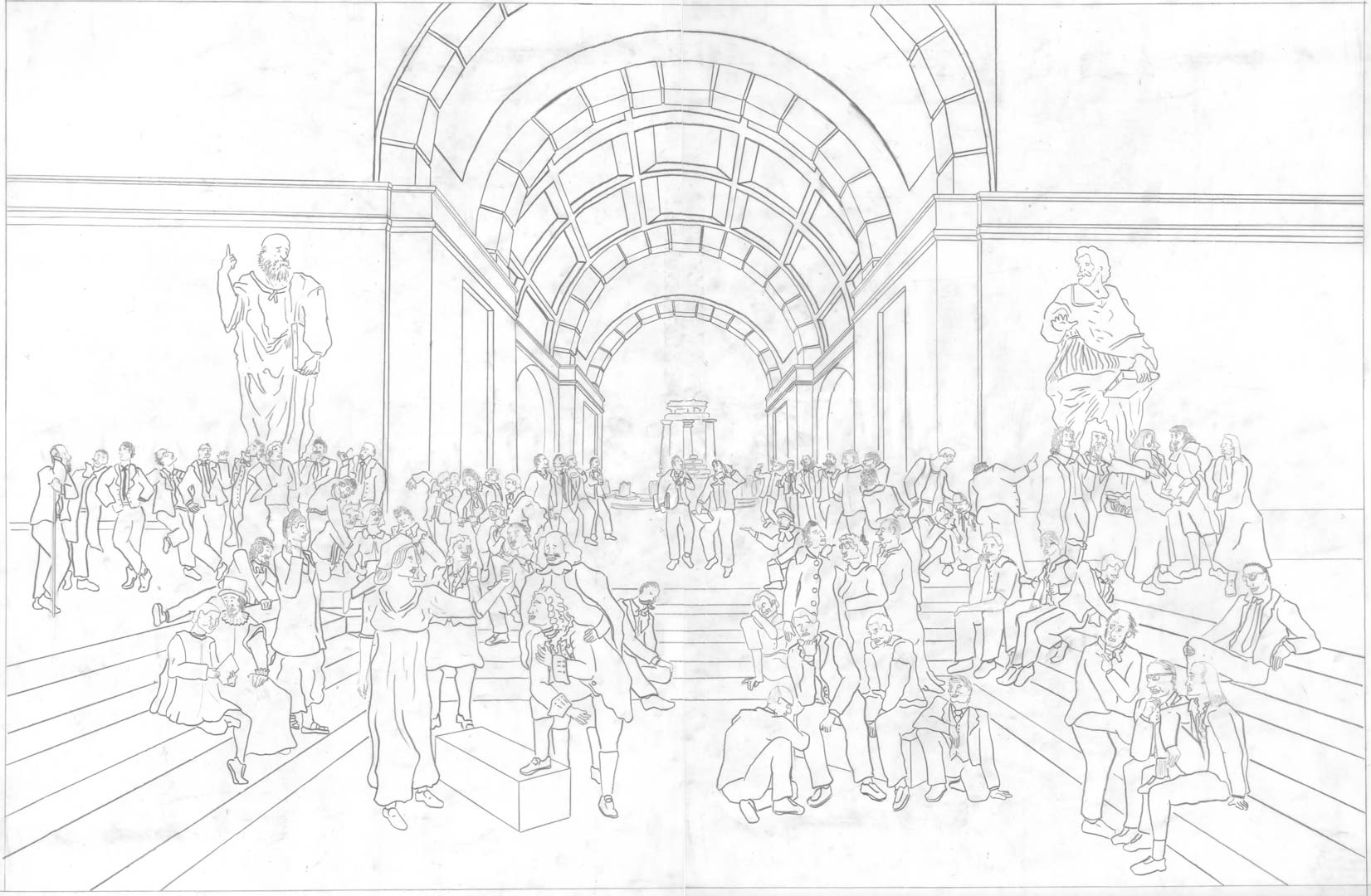 'After Athens' final development sketch depicting all figures. Graphite on mylar.