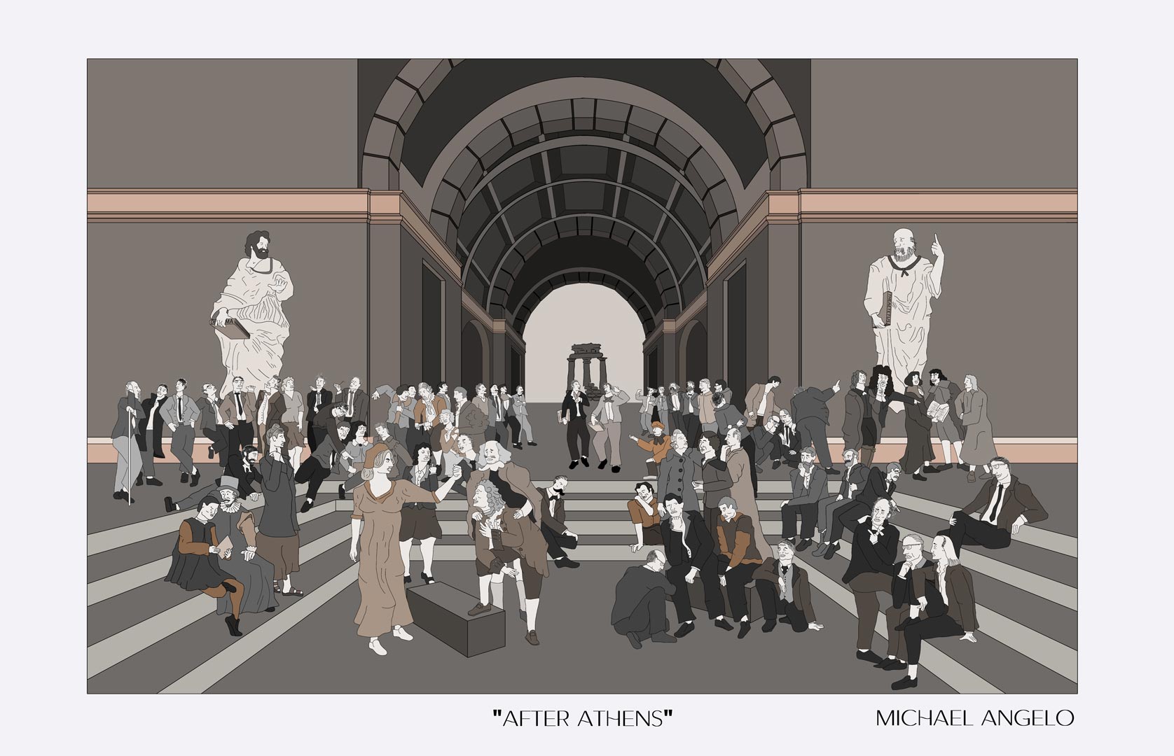 'After Athens' Final art work limited sepia palette.