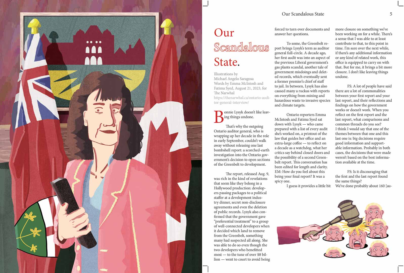 Page 1 of A Place to Stand magazine. Depicting Bonnie Lysyk's Auditor General report of Doug Ford's Greenbelt policies.