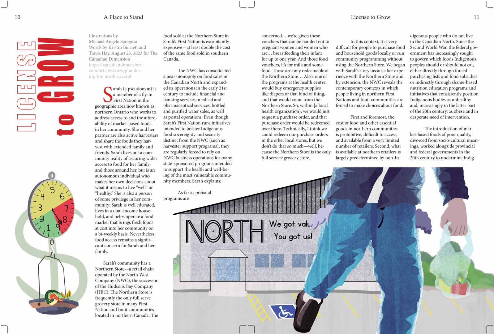 Page 4 of A Place to Stand magazine. Depicting the rising costs of groceries in Northern Ontario, disproportionately affecting Indigenous communities.