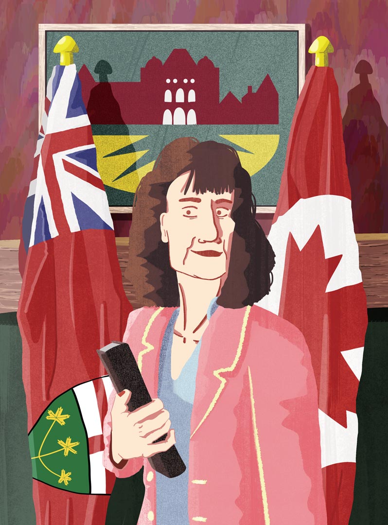 Ontario's Auditor General Bonnie Lysyk holding a book, standing in front of the Ontario and Canadian flags.