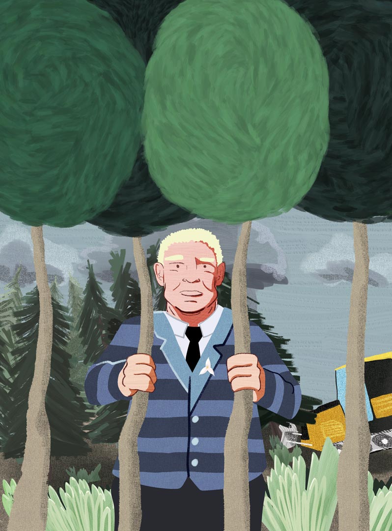 Doug Ford, Premier of Ontario, stands behind prison bars made of thin tree trunks.