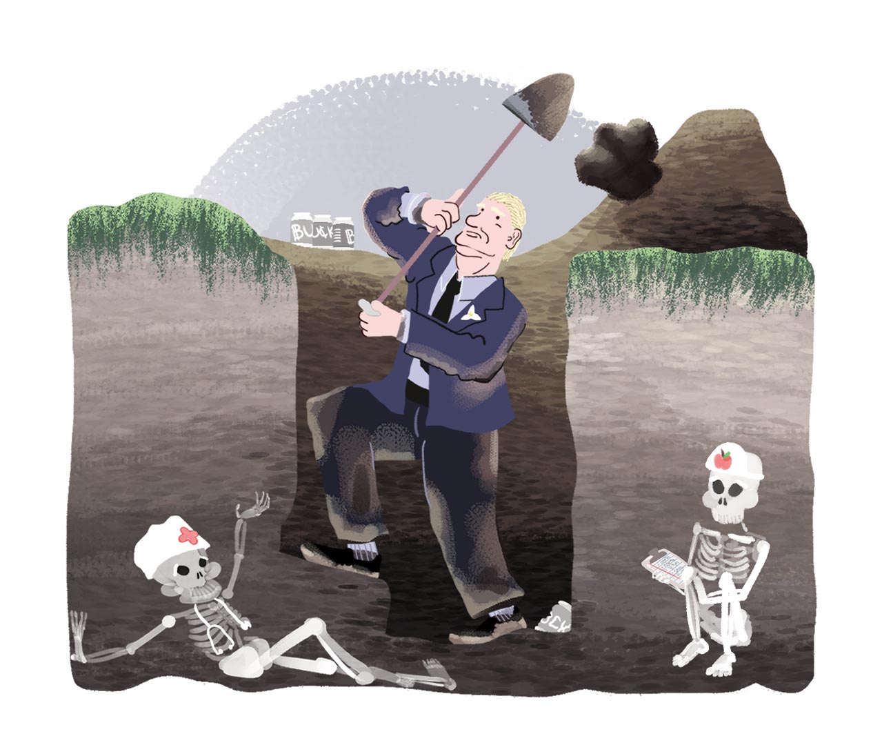 Doug Ford, Premier of Ontario, digs up the land in the Greenbelt with a shovel.