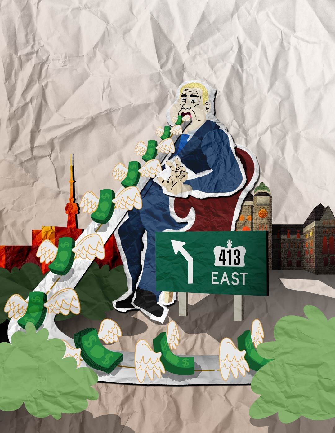 Doug Ford depicted as a giant grows fat eating wads of cash. Inspired by 'Gargantua' (1831) by French artist Honoré Daumier