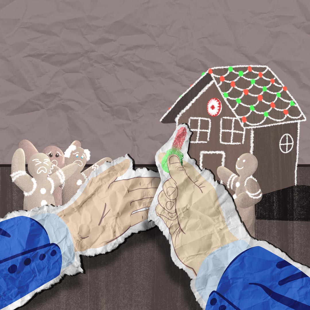 A gingerbread model depicting the Toronto housing crisis. Doug Ford withholds a candy sour key from desperate gingerbread people.