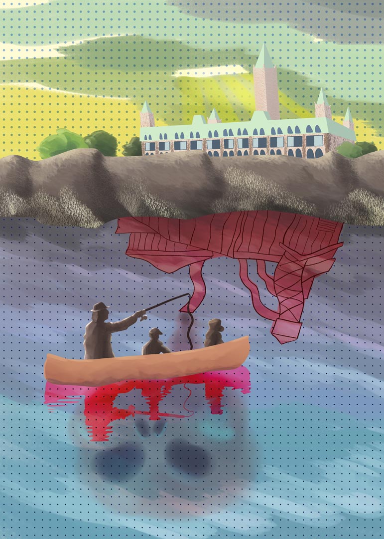 A family fishes from a canoe in a lake contaminated by a toxic mine. Parliament Hill stands in the background, but it's reflection in the water is that of a mine.