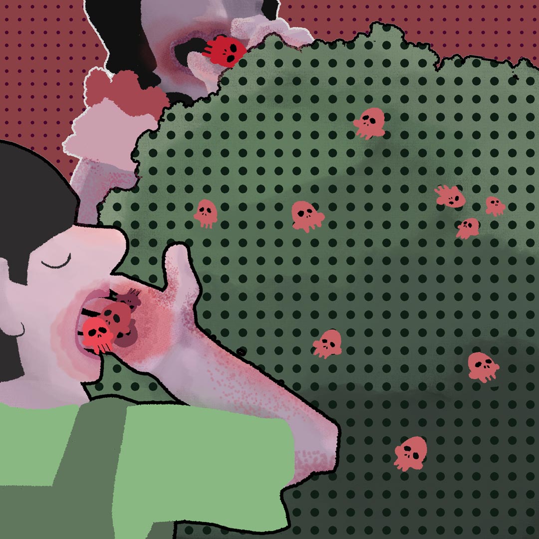 Two children eat wild berries from a bush near a toxic mine.