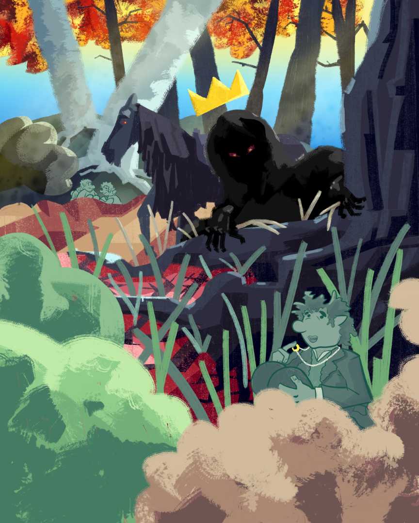 The Lord of the Rings story concept art depicting the hobbits Frodo, Sam, Merry, and Pippin hiding from a nazgûl in 'A Shortcut to Mushrooms'.