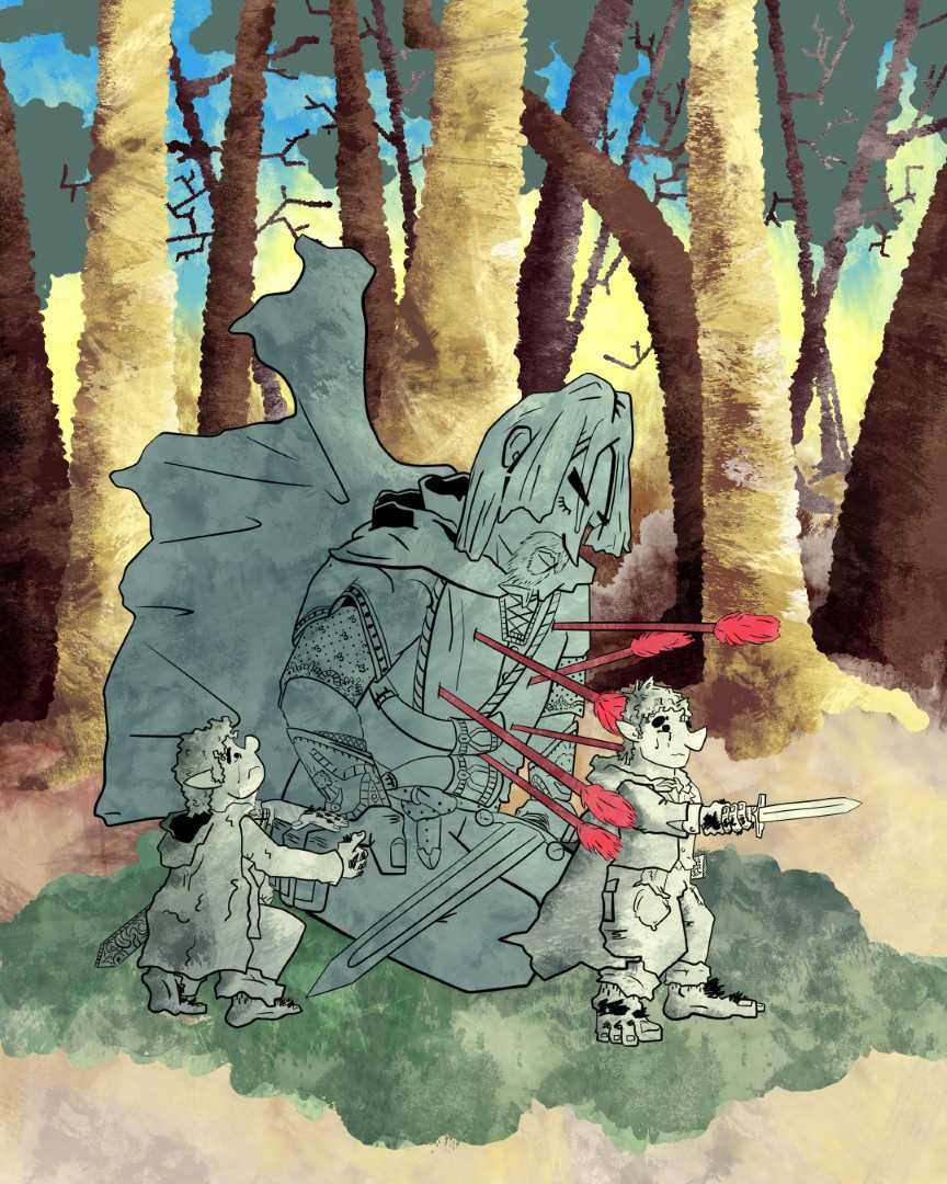 The Lord of the Rings story concept art depicting Boromir protecting Merry and Pippin in 'The Departure of Boromir'.