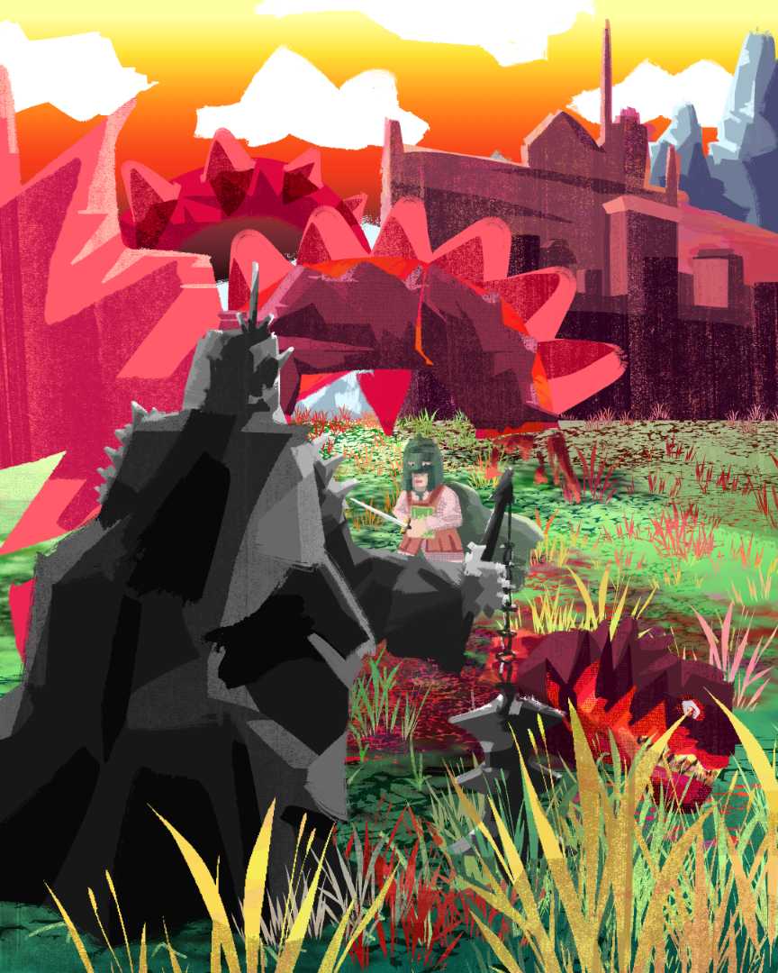 The Lord of the Rings story concept art depicting Eowyn fighting the Witch King in 'The Battle of the Pelennor Fields'.