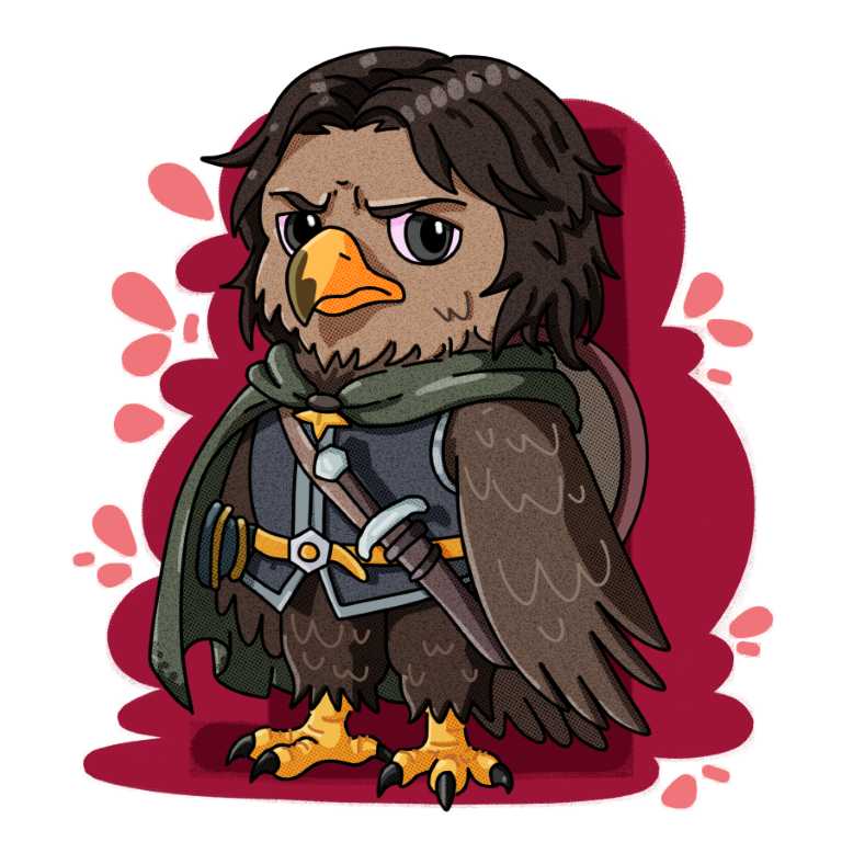 Boromir bird character design. He is depicted as a brave and loyal hawk.