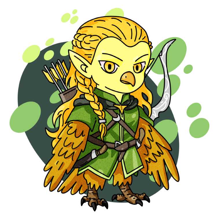 Legolas bird character design. He is depicted as a graceful and golden falcon.