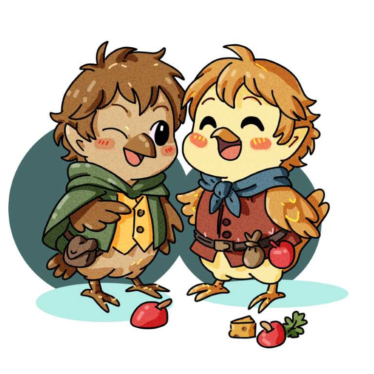 Merry and Pippin bird character design. They are depicted as playful and mischievous finches.