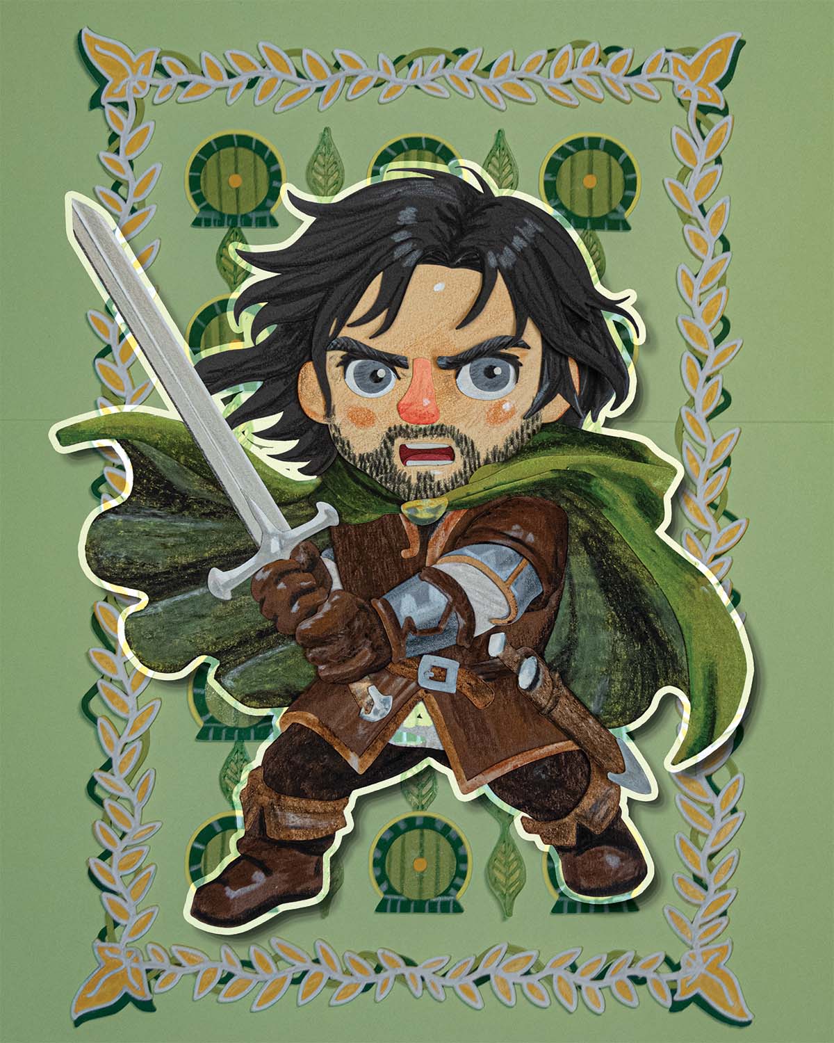 Aragorn chibi paper collage illustration.