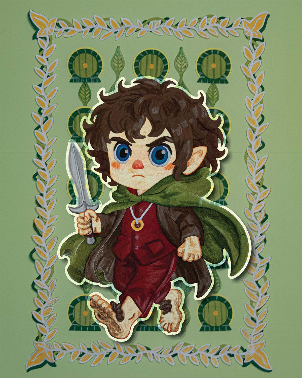 Frodo Baggins chibi paper collage illustration.