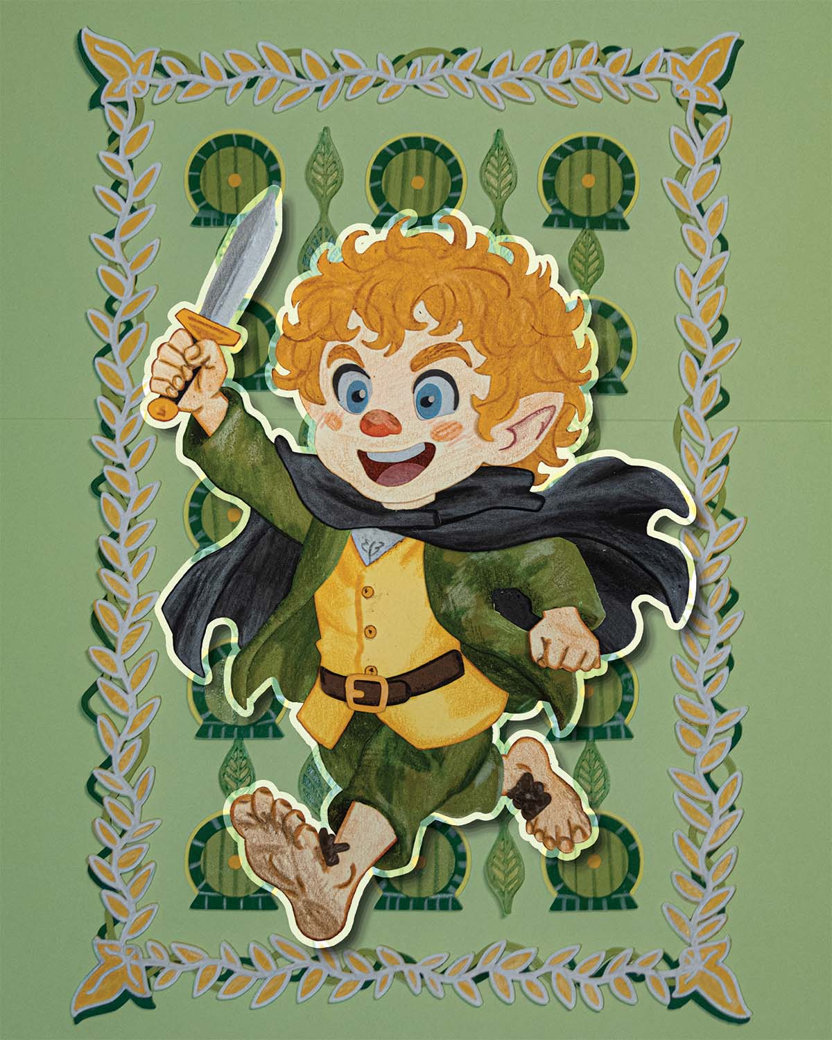 Meriadoc Brandybuck chibi paper collage illustration.