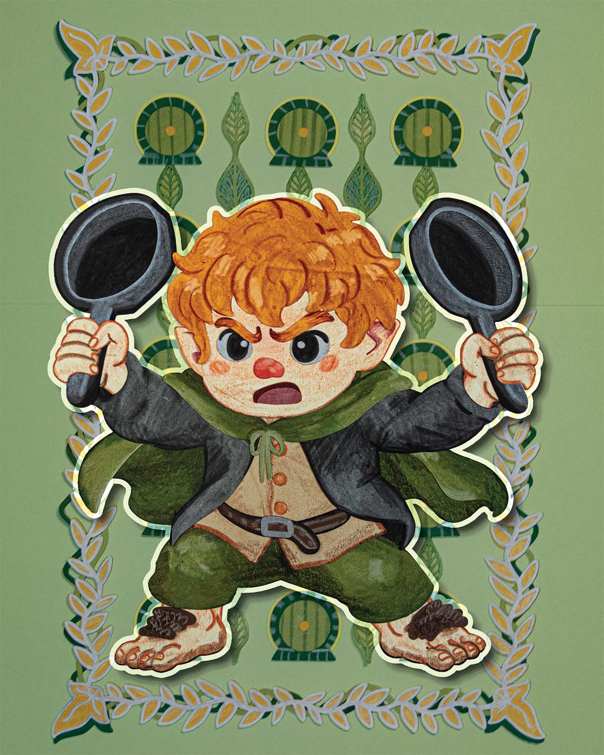 Samwise Gamgee chibi paper collage illustration.