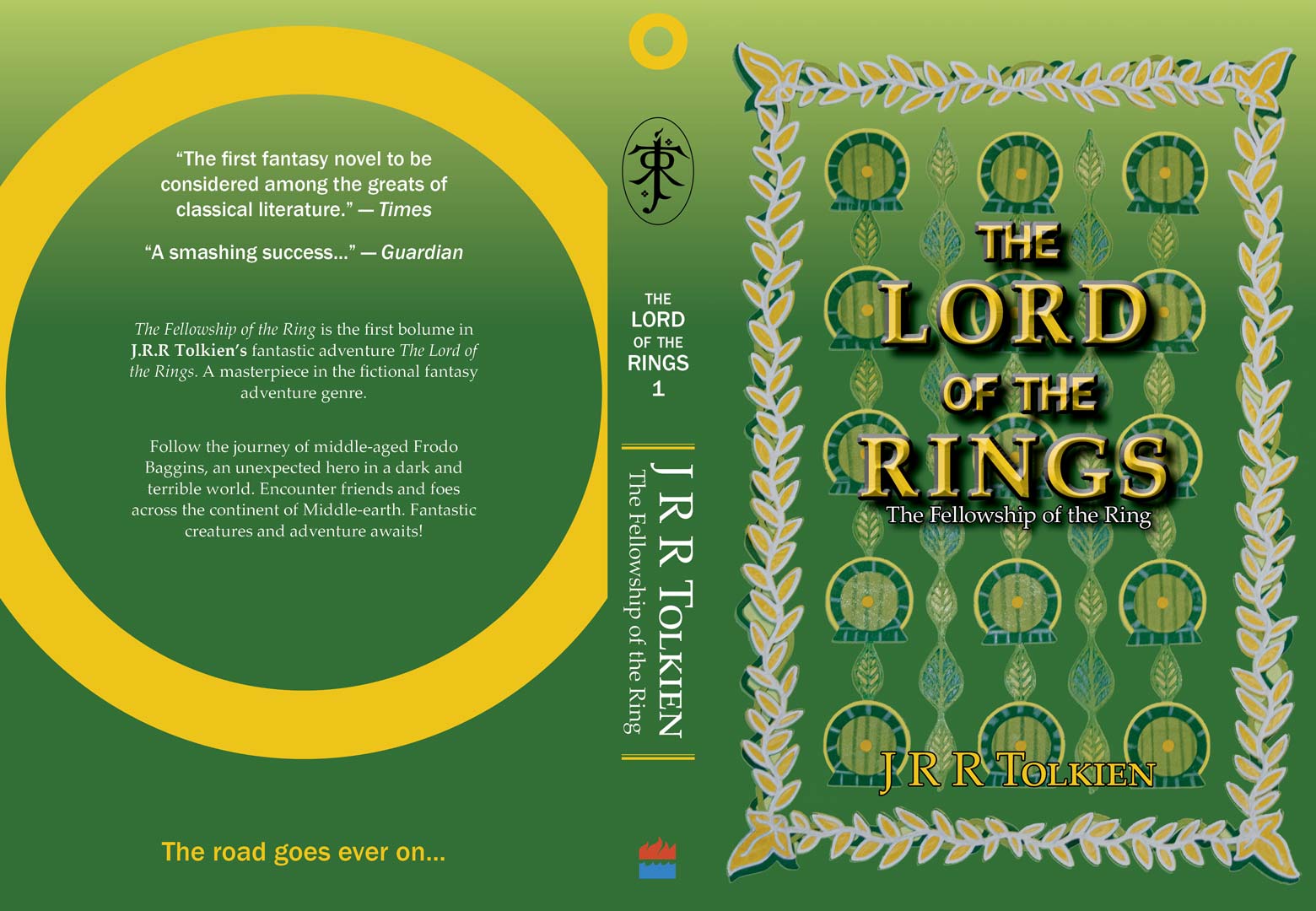 A book cover for The 'Lord of the Rings: The Fellowship of the Ring.' depicting a Middle-Earth inspired pattern featuring the iconic round door of Bag End, and leaves from Lorien.