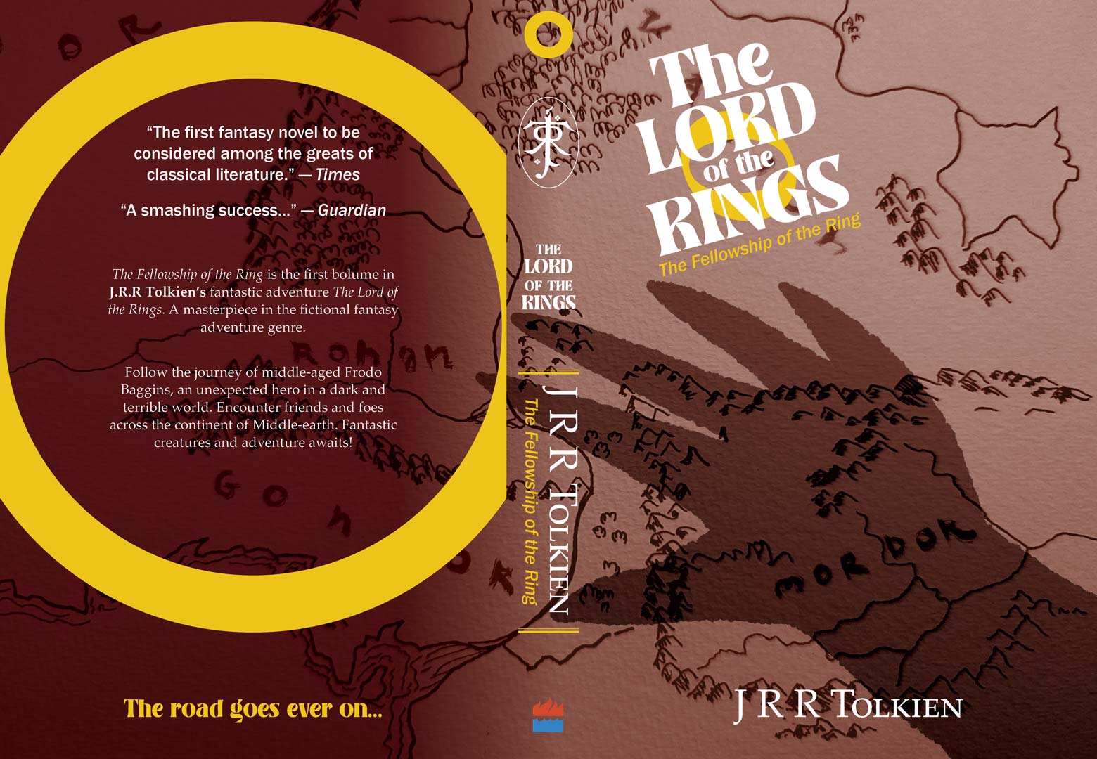 A book cover for The 'Lord of the Rings: The Fellowship of the Ring.' depicting the shadow of Sauron's hand reaching across a map of Middle-Earth.