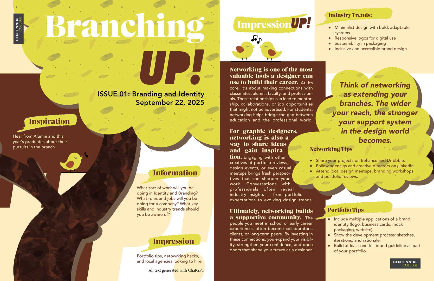 Centennial College 'Branching Up' Newsletter cover page and page 1.