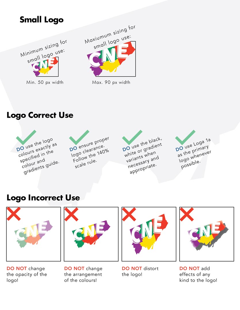 CNE brand redesign 3. Depicting small logo size guidelines as well as proper and improper usage examples.