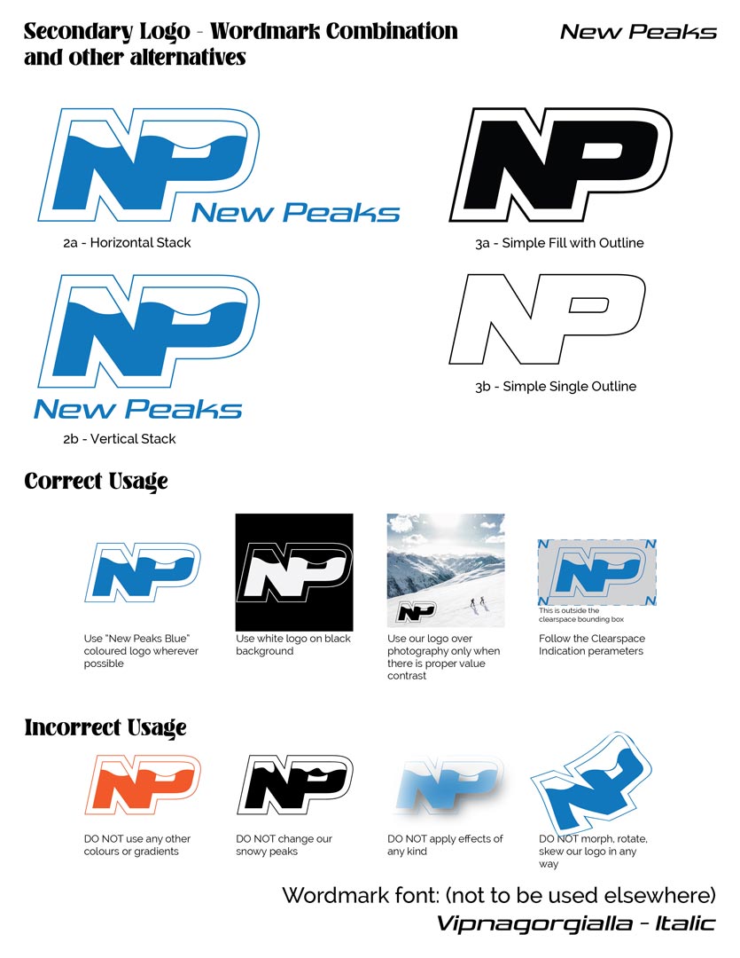 New Peaks Apparel brand 2. Depicting secondary logo wordmark along with proper and improper usage examples.