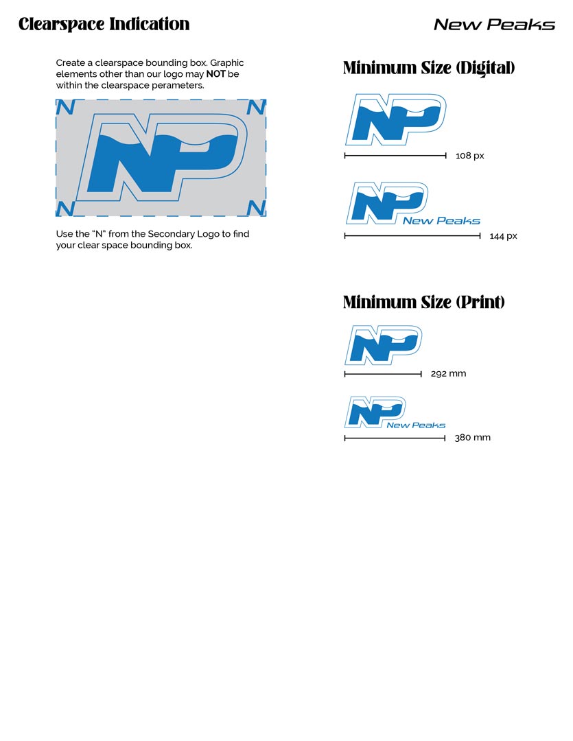 New Peaks Apparel brand 3. Depicting minimum and maximum size guidelines and clear space requirements.