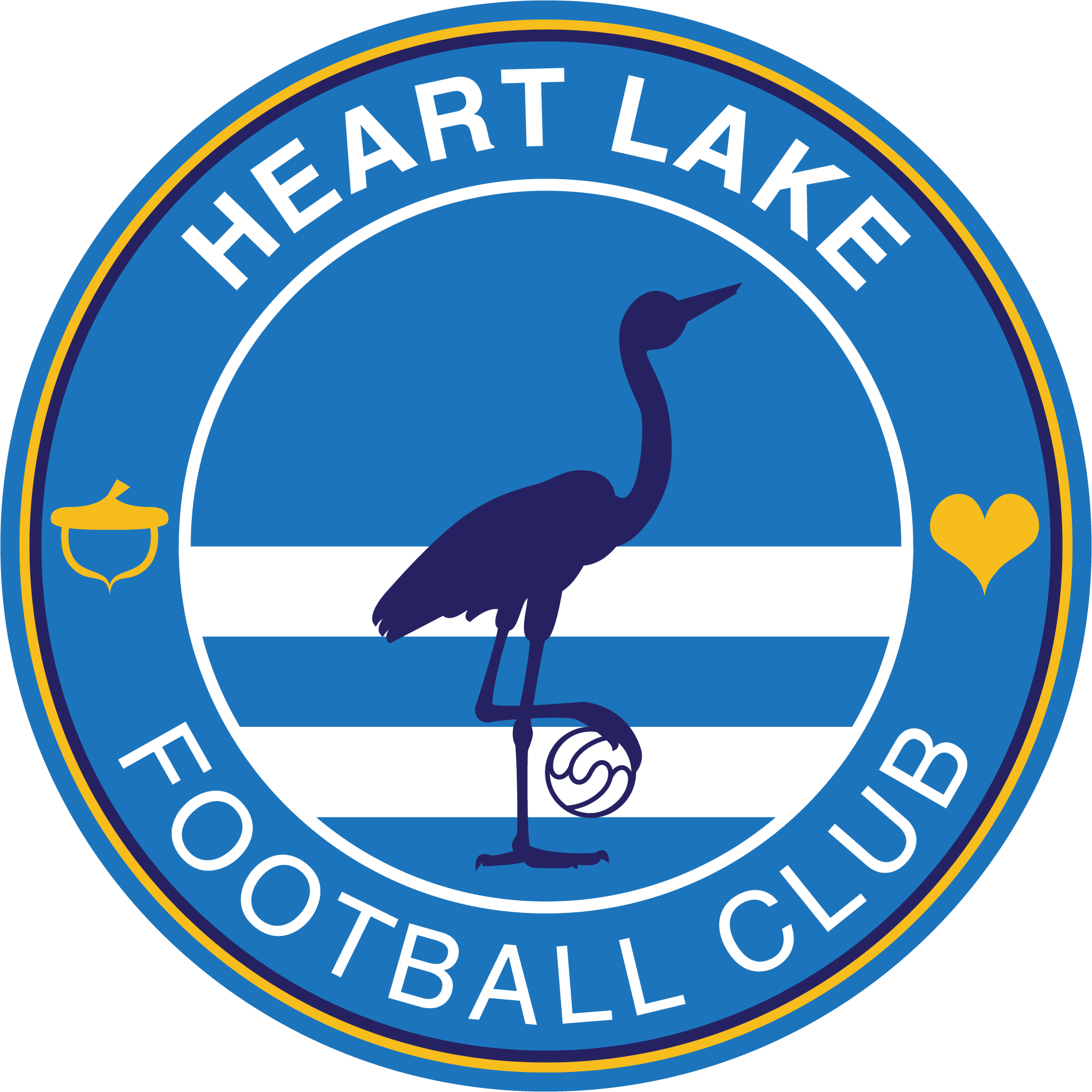 Heart Lake Football Club badge. Depicting a blue heron infront of a round, white striped, blue background. One of its legs is resting on the top of a soccer ball. An acorn and a heart are on either side of the badge. 'Heart Lake' is visible at the top of the badge, and 'Football Club' is visible at the bottom.