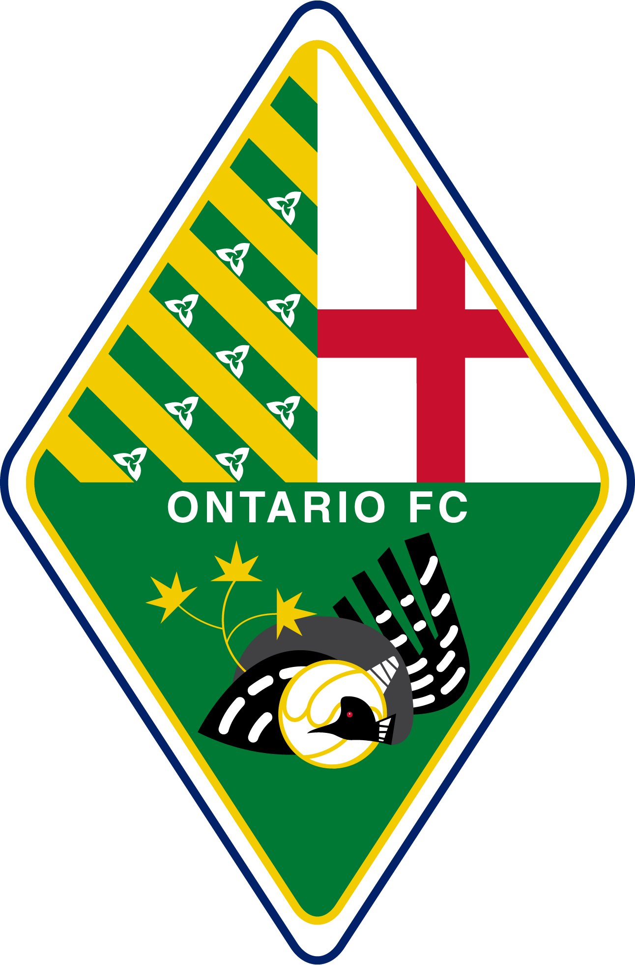Ontario Football Club badge. A diamond shaped badge with a green background. The top half of the diamond is split vertically into two sections. The top left has yellow diagonal stripes and trillium flowers evenly spaced on the green background; the top right is a depiction of St. George's Cross. The bottom half of the diamond depicts a Loon, a soccer ball and maple leaves.
