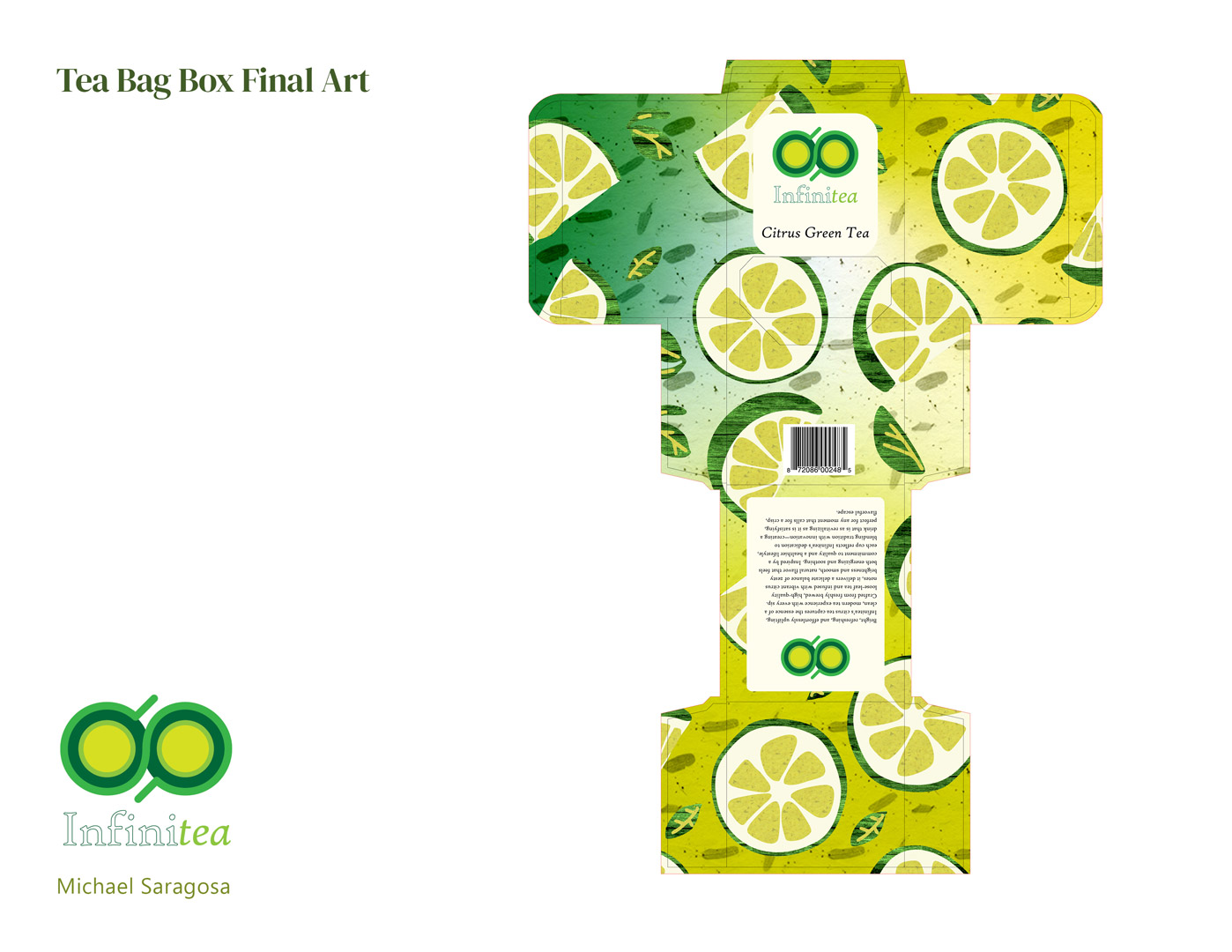Page 3 of Infinitea package design. Final artwork and layout with dieline.