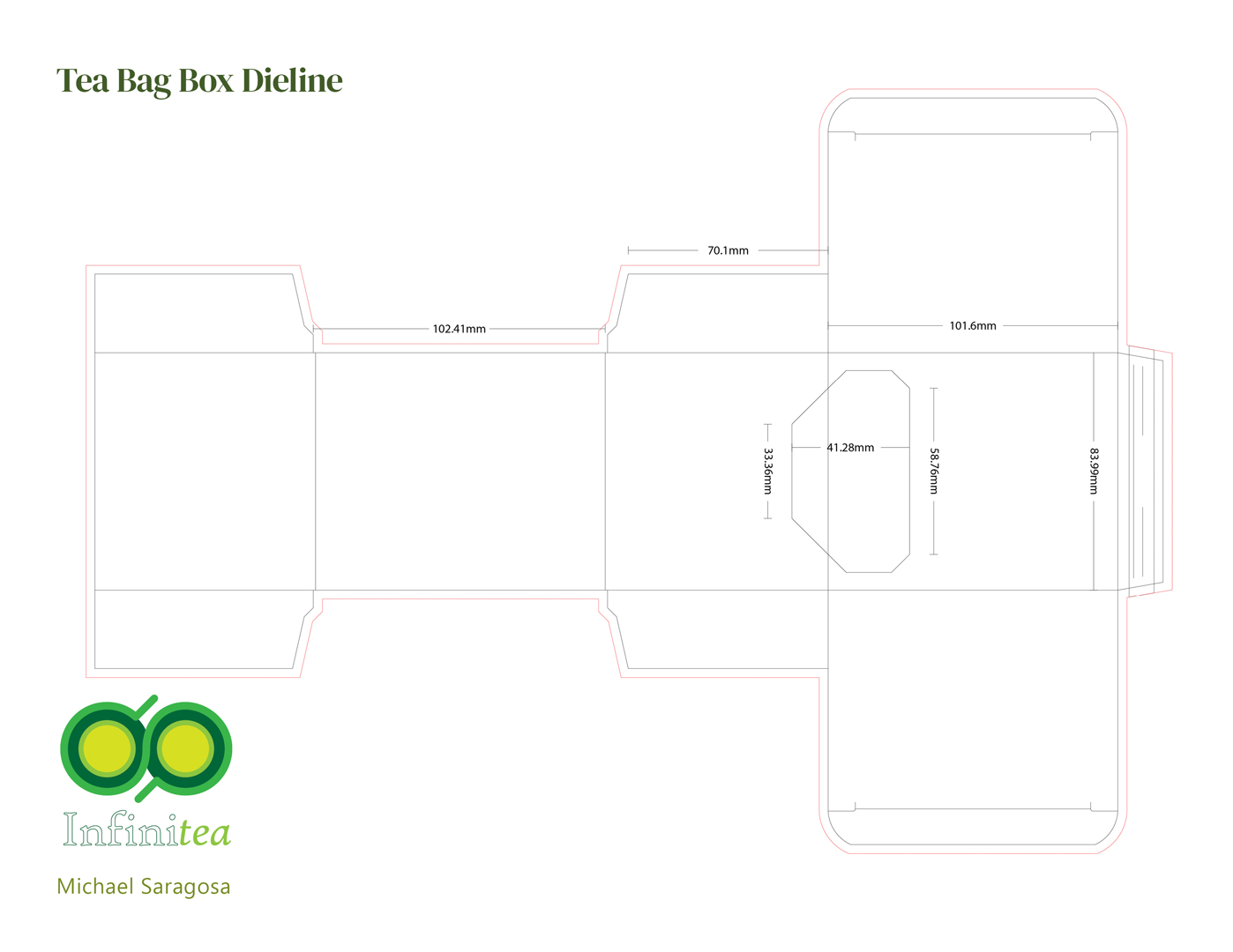 Page 4 of Infinitea package design. Dieline with measurements and fold lines.