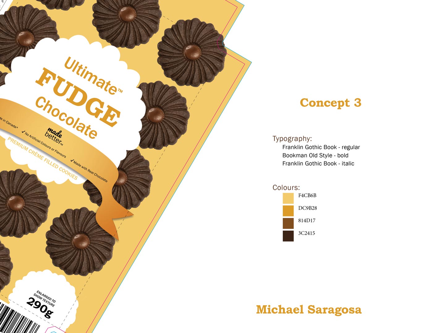 Page 2 of Supreme Cookies packaging design. Typography and colour choices.