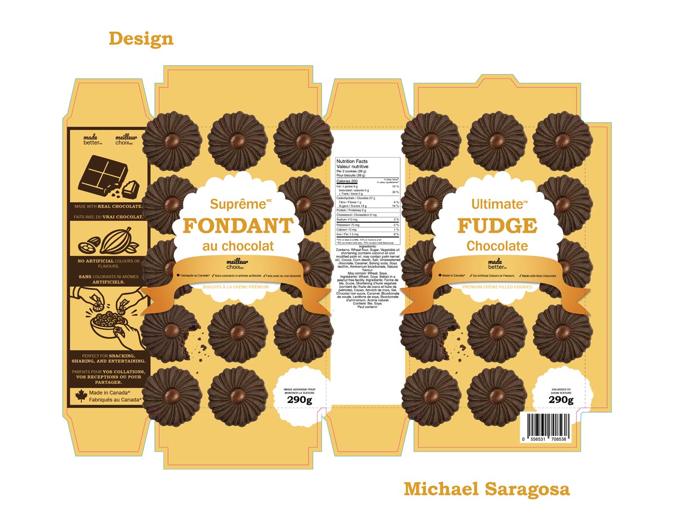 Page 3 of Supreme Cookies packaging design. Final graphic design with dieline.