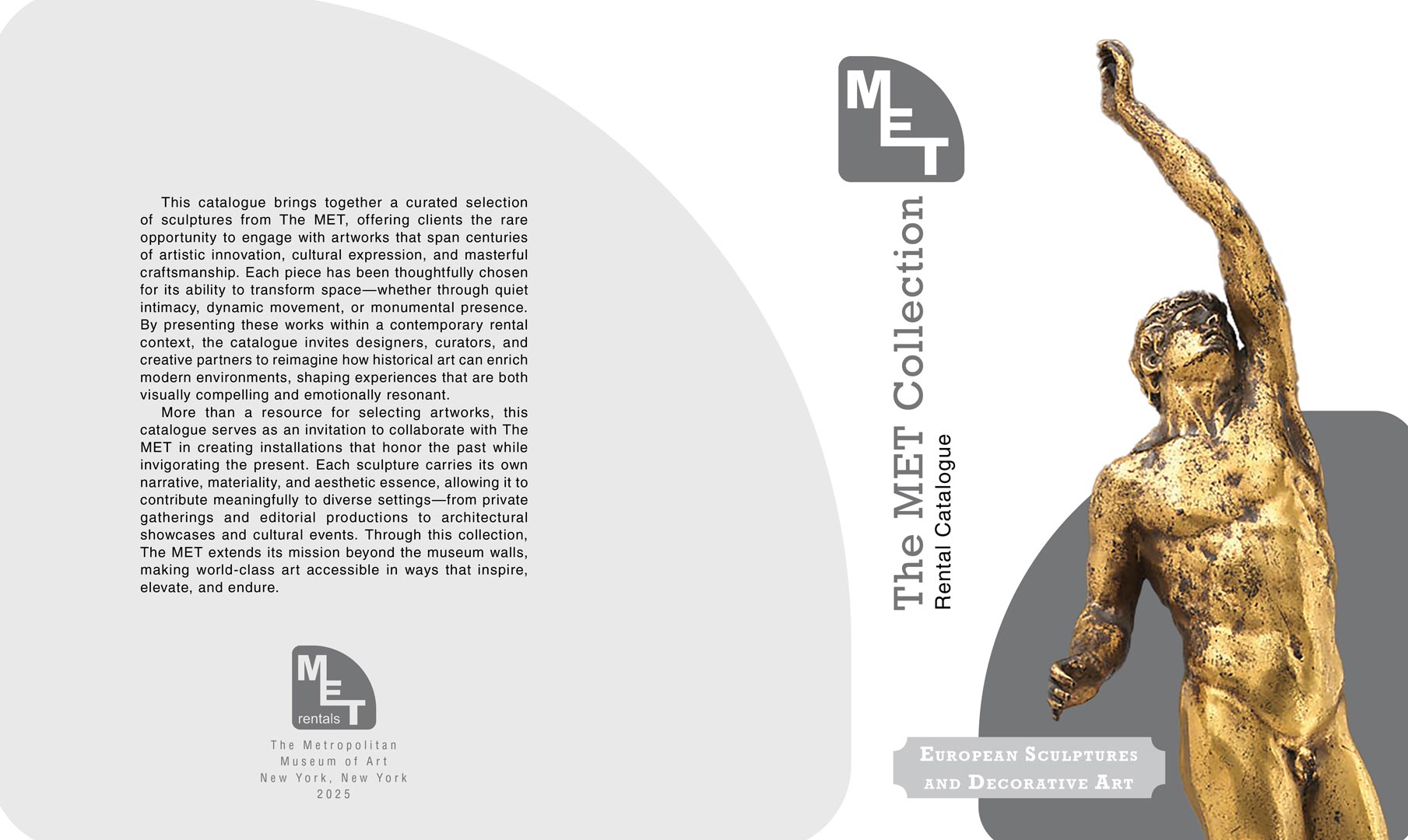 Cover art for the MET Collection: Rental Catalogue. A golden statue reaches over its head.