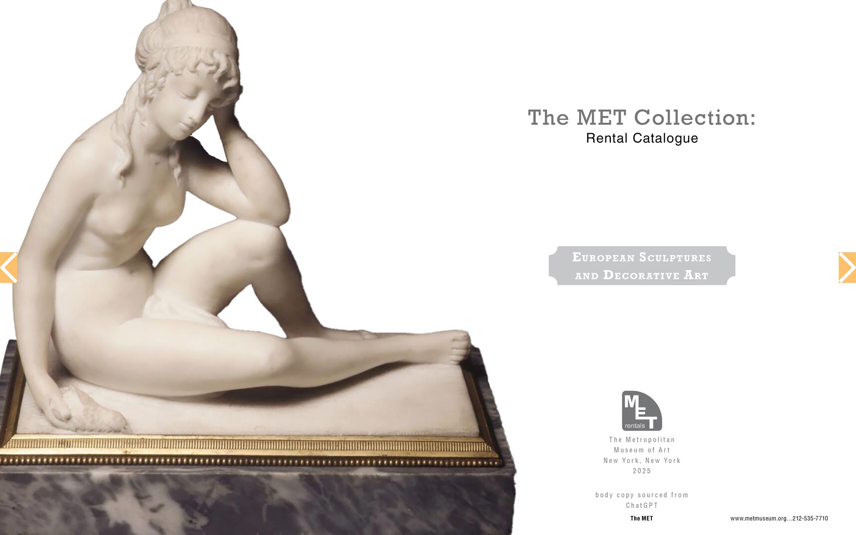 Inside cover of the MET Collection: Rental Catalogue. A statue of a woman sitting in a relaxed position and leaning her head into a hand.'European Sculptures and Decorative Art' text is visible.
