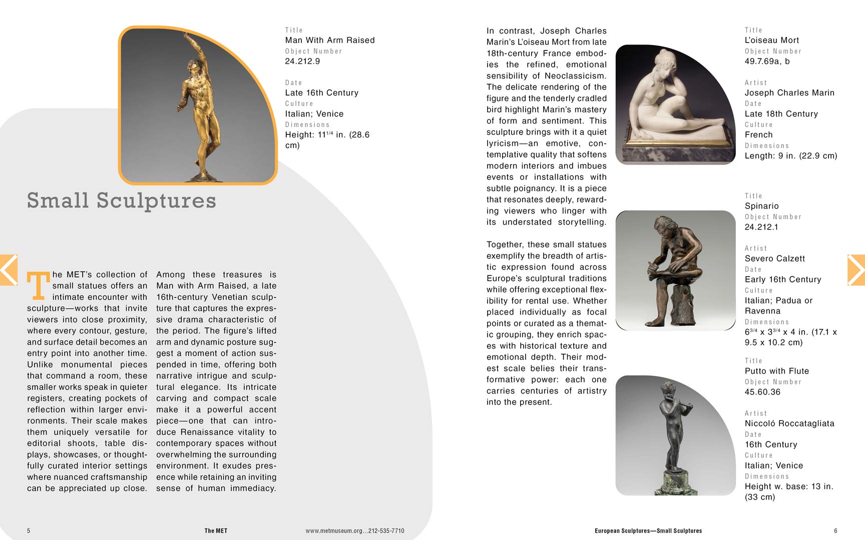 Page spread 2 of the MET Collection: Rental Catalogue. Detailed descriptions of the small sculptures and decorative art pieces are provided.