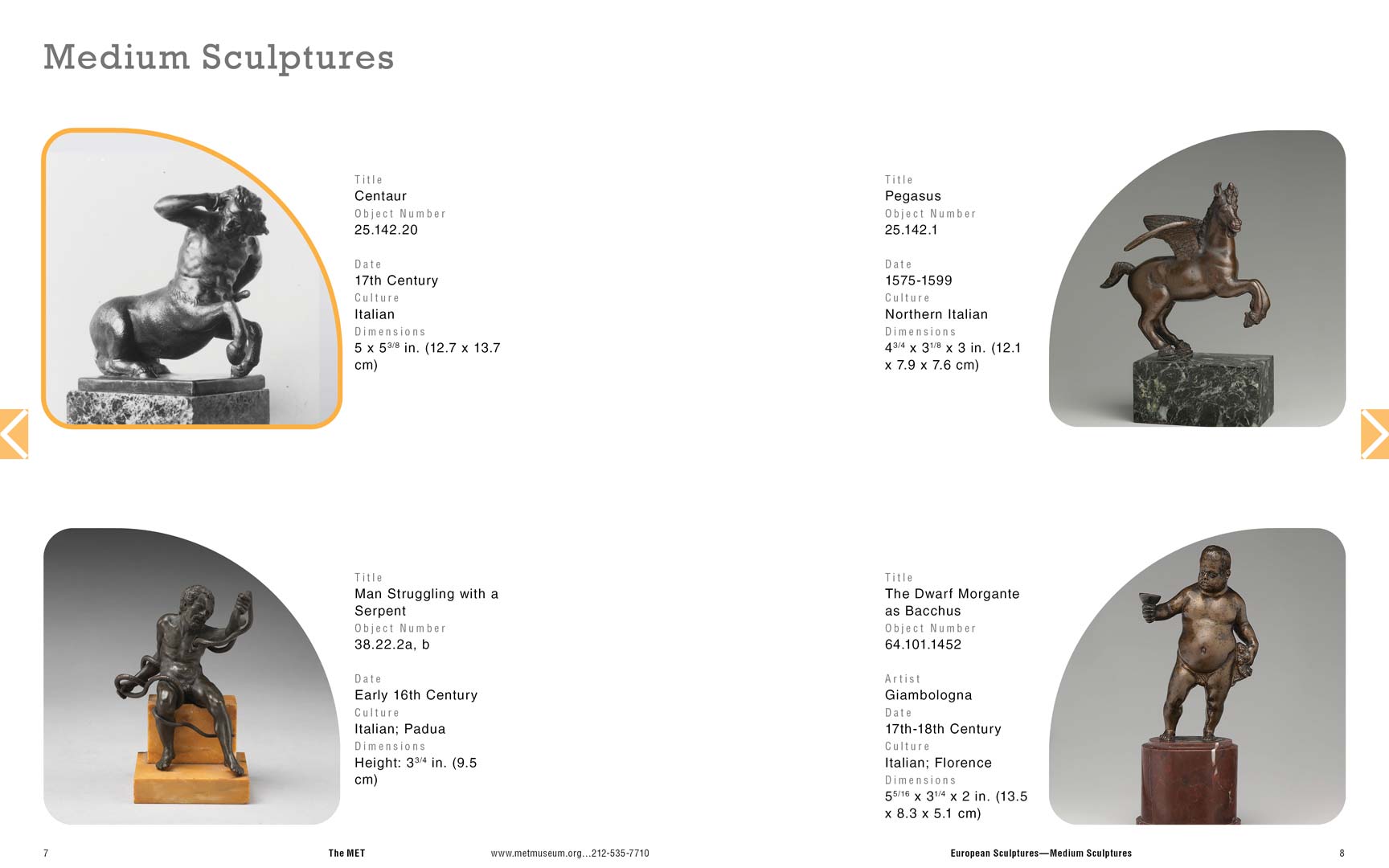 Page spread 3 of the MET Collection: Rental Catalogue. Detailed descriptions of the medium sculptures and decorative art pieces are provided.