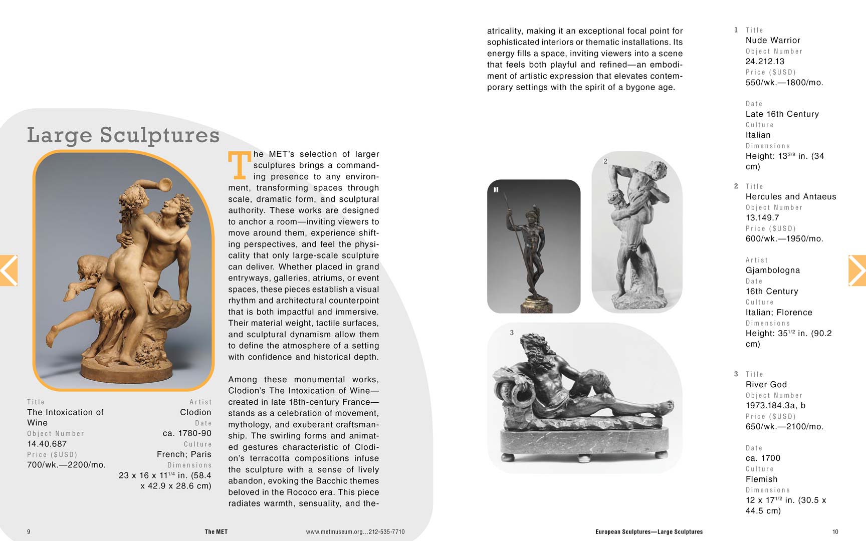 Page spread 4 of the MET Collection: Rental Catalogue. Detailed descriptions of the large sculptures and decorative art pieces are provided.
