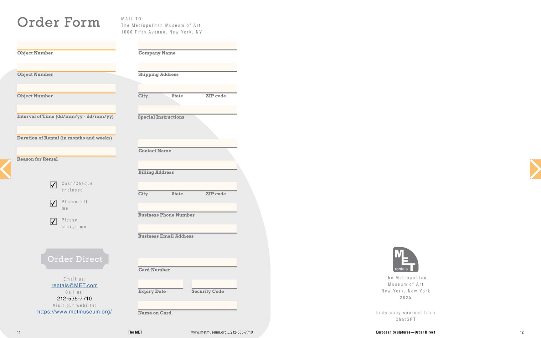 Page spread 5 of the MET Collection: Rental Catalogue. Order information and contact details are provided as well as a fillable order form.