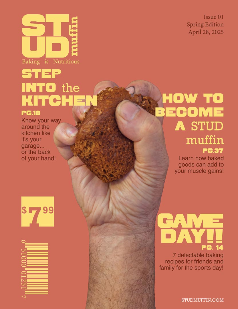 Cover of the Stud Muffin Magazine. A strong and broad hand squeezing a muffin like it's an exercise toy.