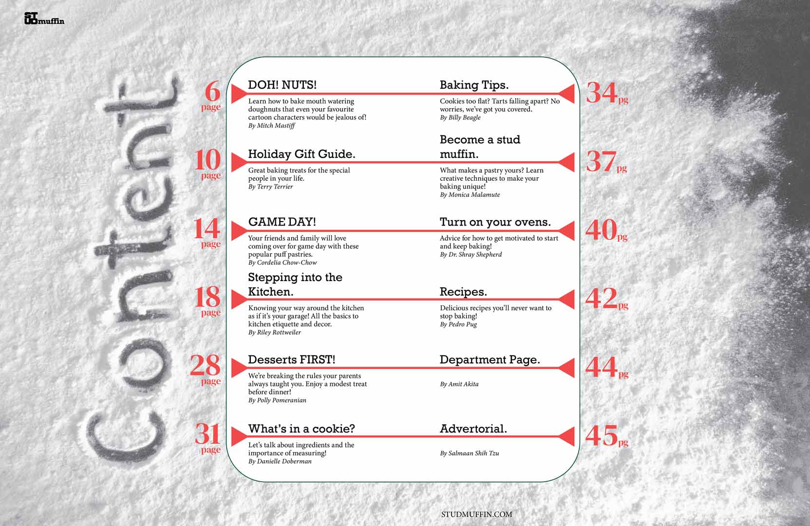 Table of Contents spread of the Stud Muffin Magazine. The design is inspired by a measuring cup and the background is flour spread out on a countertop with handwritten text 'contents'.