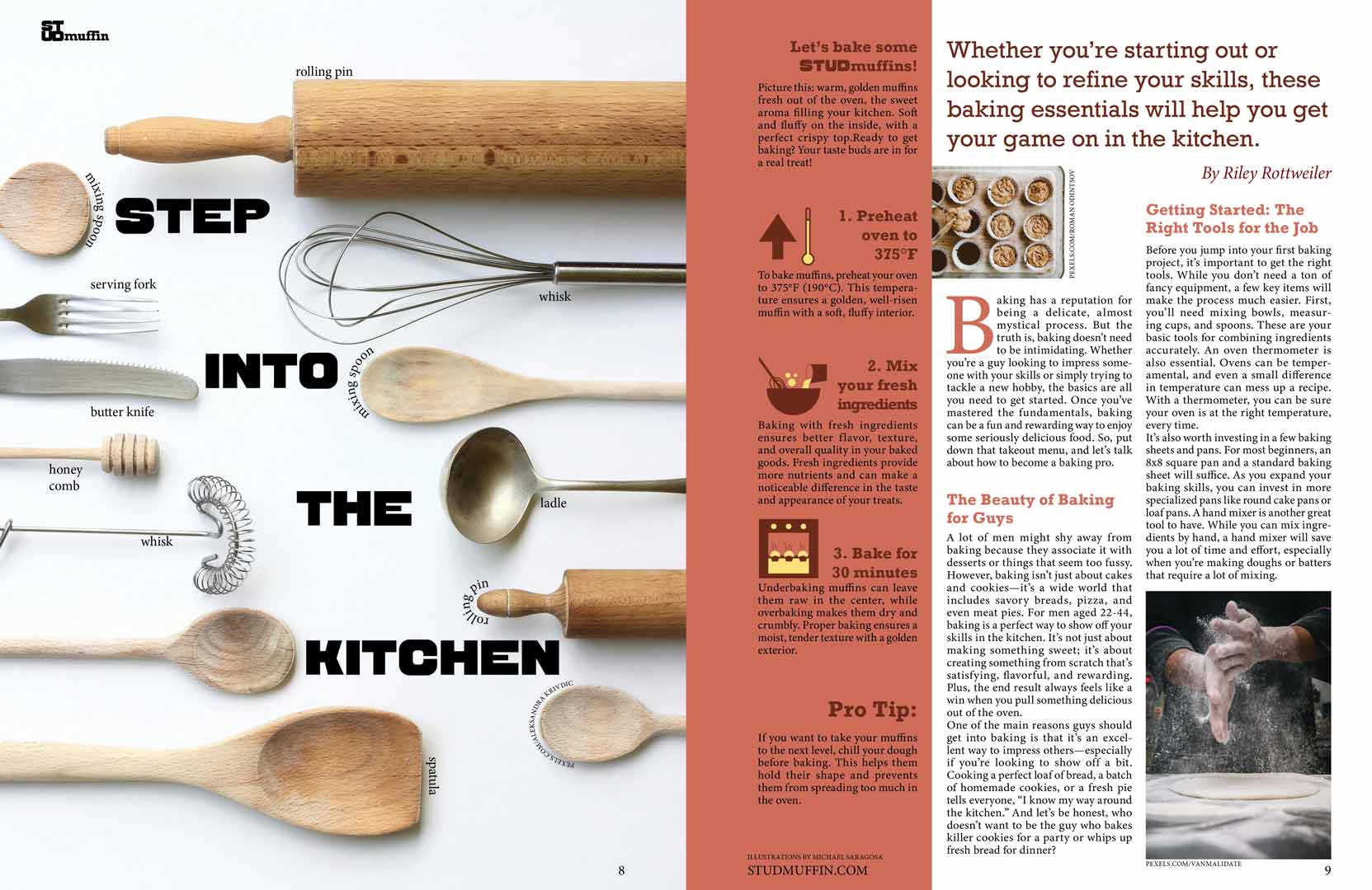 Spread page 1 of the Stud Muffin Magazine. Article about inspiring people to learn how to bake.