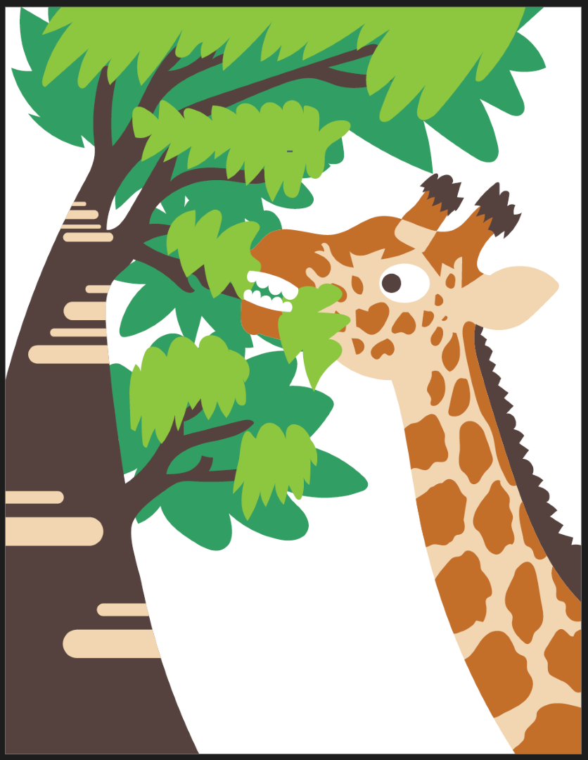 A children's illustration of a giraffe eating leaves from a tree.