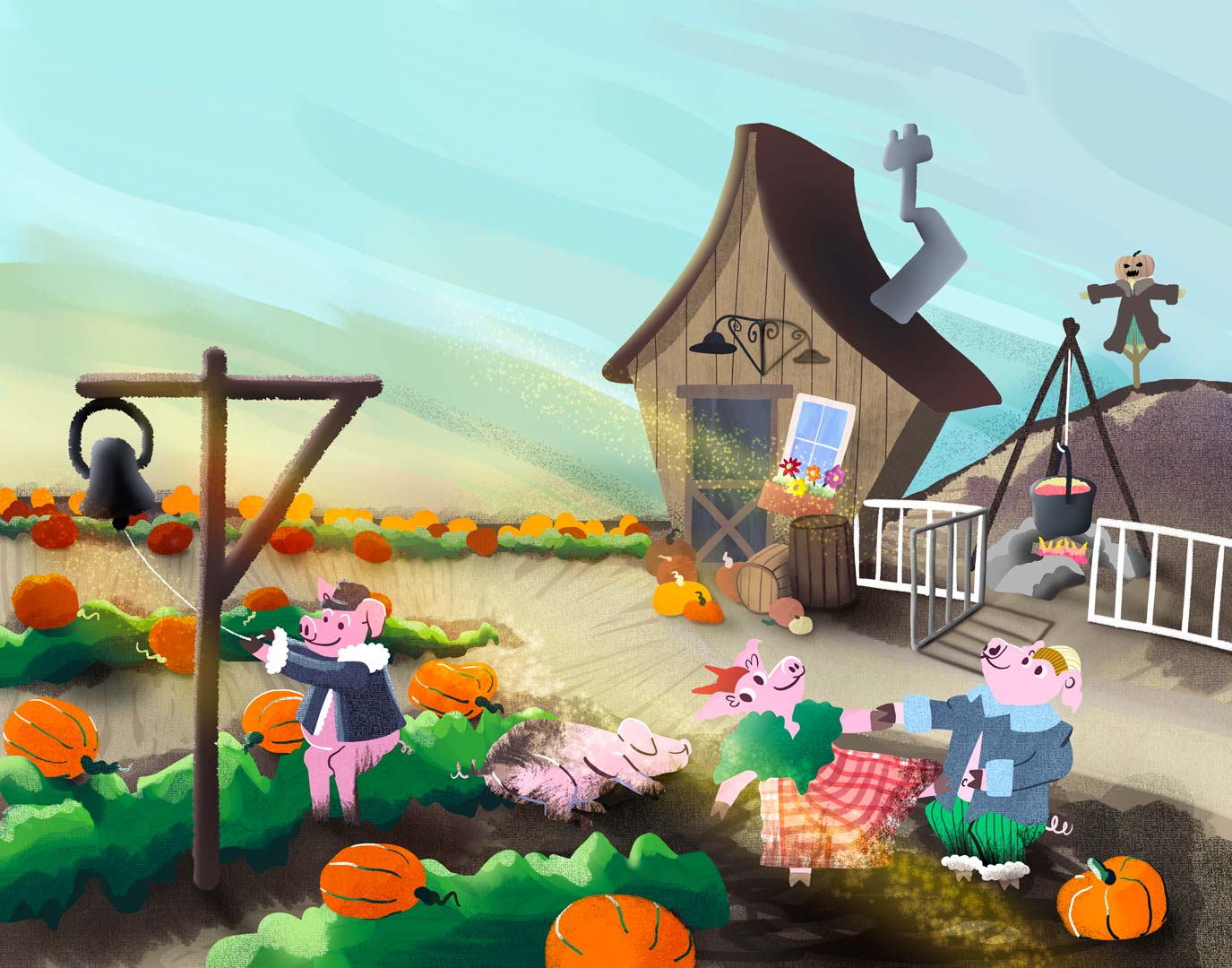 A children's illustration of a fun and exciting pig farm in Autumn.