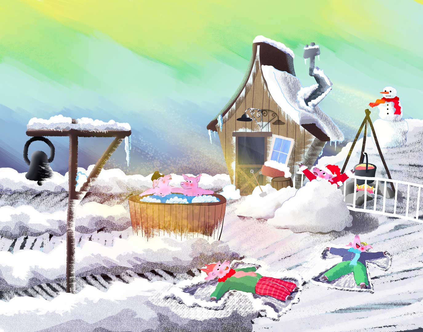 A children's illustration of a fun and exciting pig farm in Winter.
