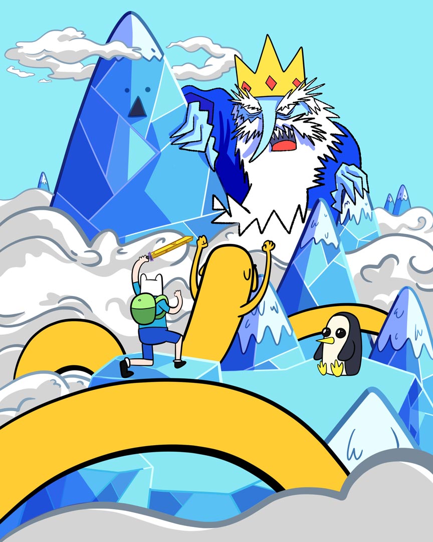 Fan art illustration of 'Adventure Time' characters. Finn and Jake and an evil Ice King. In the Ice Kingdom, Land of Ooo.