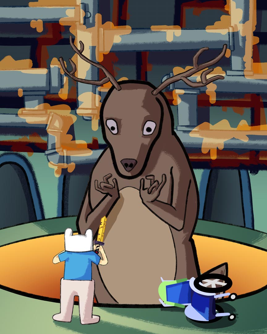 Fan art illustration of 'Adventure Time' characters. Finn and the Deer.