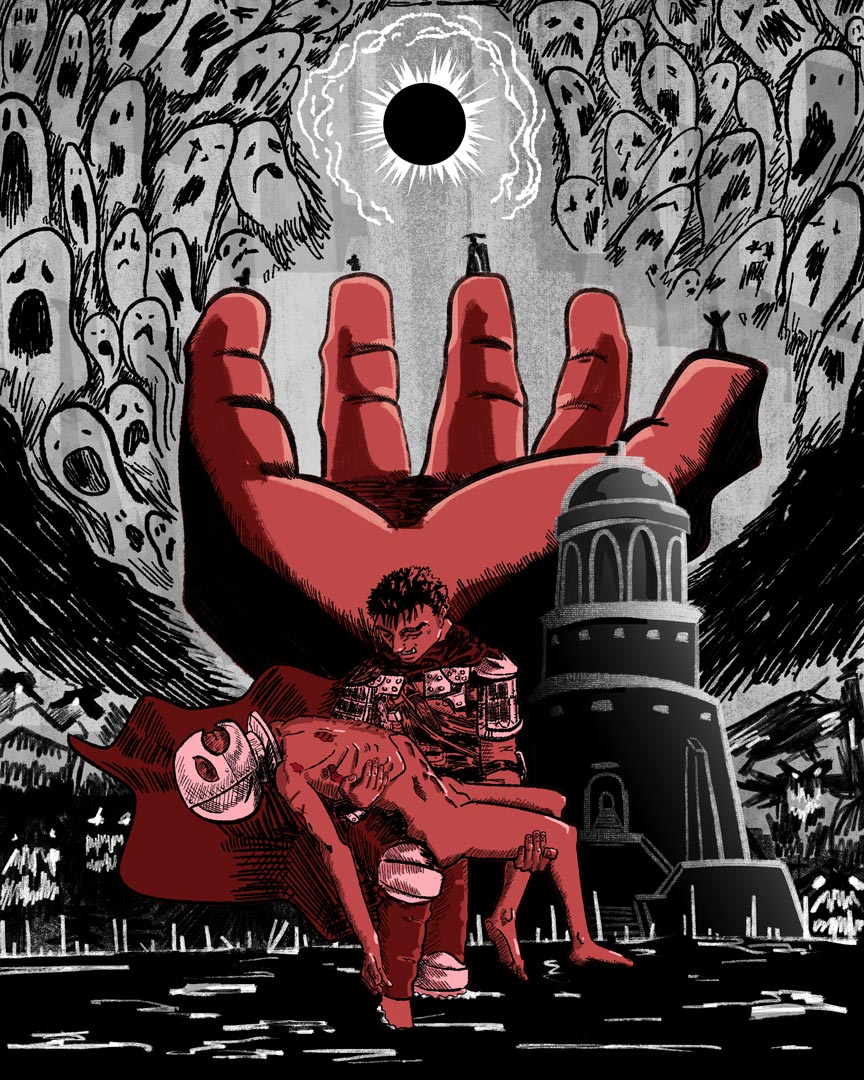 Fan art illustration of 'Berserk' characters. Guts and Griffiths during the eclipse.