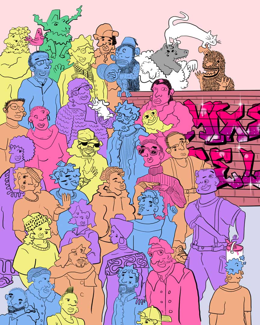 A painting of a crowded urban environment. Mixed feelings are depicted through various characters and interactions.