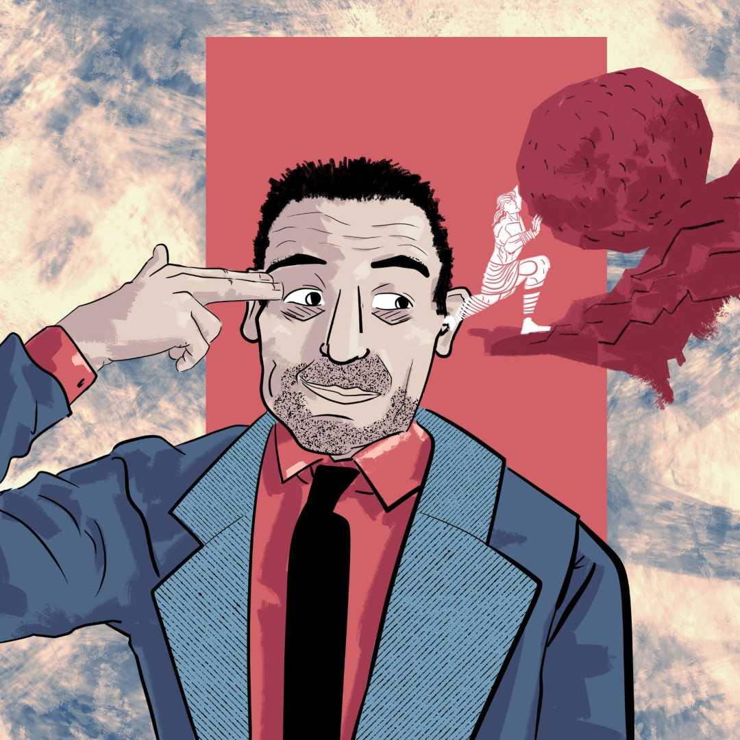 An illustrative portrait of Albert Camus. Depicting his literary essay 'The Myth of Sisyphus'.